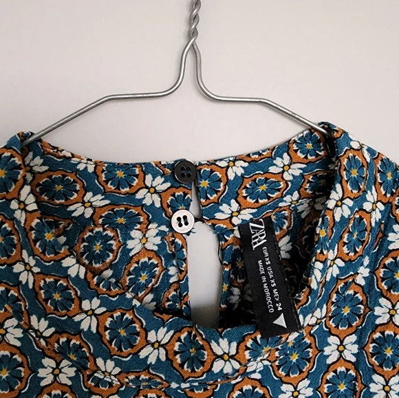 Zara Longsleeve Blouse Shirt Blue Tan Pattern - Picture 4 of 10